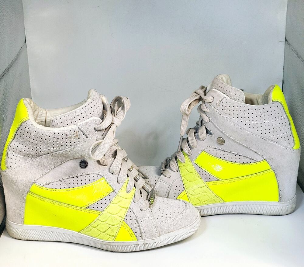 Y2K Coach Alexis Suede Leather High Top Wedge Sneaker Sand Neon Yellow Size 6M